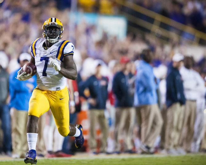 LSU junior running back Leonard Fournette (#7) runs the ball down the field for a touchdown on Saturday, Oct. 22, 2016 during the Tigers 38-21 victory over Ole Miss.