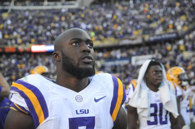 LSU junior running back Leonard Fournette (7) post game viewing the scoreboard awaiting the final score during Tigers' 16-10 Loss against University of Florida on Nov. 19, 2016, at Death Valley.