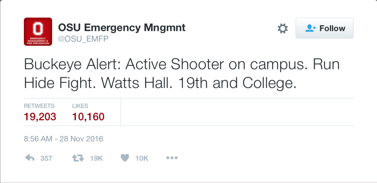 OSU sent out an emergency text and tweet to its students about the attack, although the original message was incorrect with regard to a shooter.