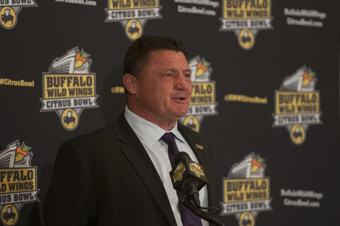 LSU coach Ed Orgeron addresses the media on Friday, Dec. 30, 2016, during a Buffalo Wild Wings Citrus Bowl press conference at the Hilton Hotel in Orlando.