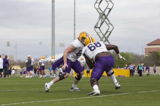 Freshman Offensive Line, Chidi Okeke (68), practices in the afternoon on Tuesday, March 29, 2016 at Charles McClendon Practice Facility.