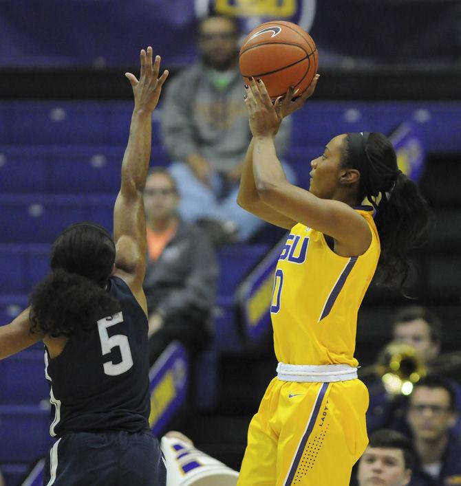 LSU sophomore guard Chloe Jackson (0) shoots a three-pointer during the Lady Tigers 76-53 loss to the UConn Huskies on Sunday, Nov. 20, 2016 in the Pete Maravich Assembly Center.