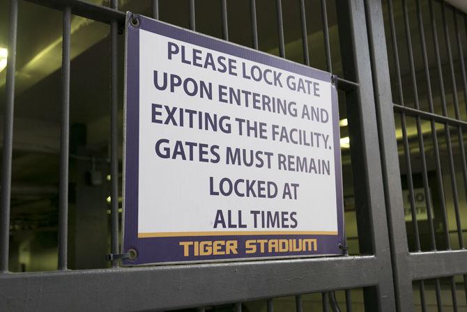 A sign details the importance of locking the gates of Tiger Stadium on Jan. 10, 2017, as security levels heighten in response to the recent vandalizing.