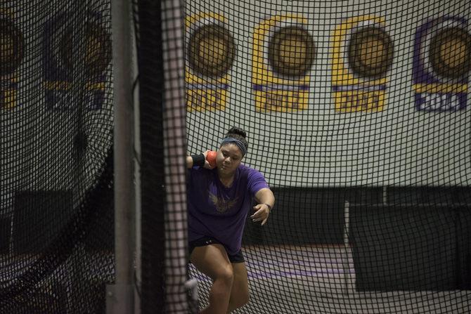 LSU freshman thrower Nickolette Dunbar prepares to throw shot on Wednesday, Jan. 18, 2017 in the Carl Maddox Fieldhouse.