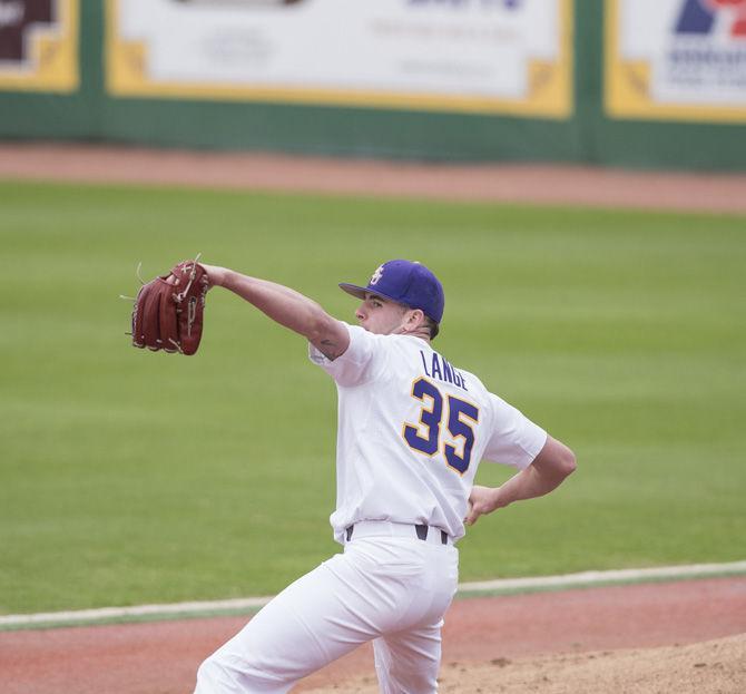 LSU junior pitcher Alex Lange (35) prepares to release a pitch on Friday, Jan. 29, 2017, at Alex Box Stadium.