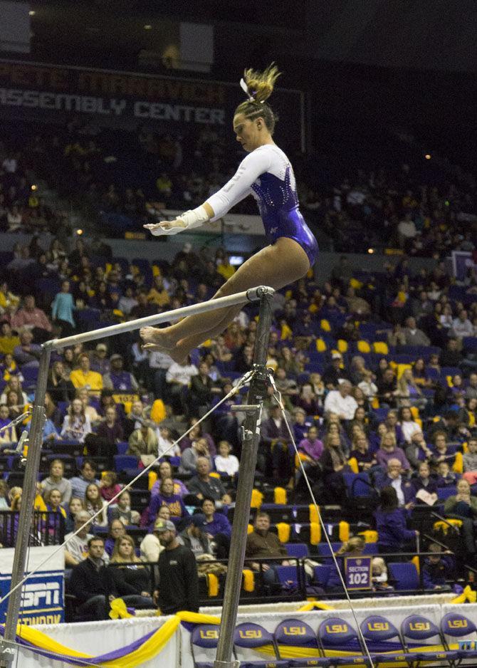 LSU senior gymnast Ashleigh Gnat soars during the Tigers 197.825-193.600 victory over the Georgia Bulldogs on Friday, Jan. 6, 2017 in the Pete Maravich Assembly Center.