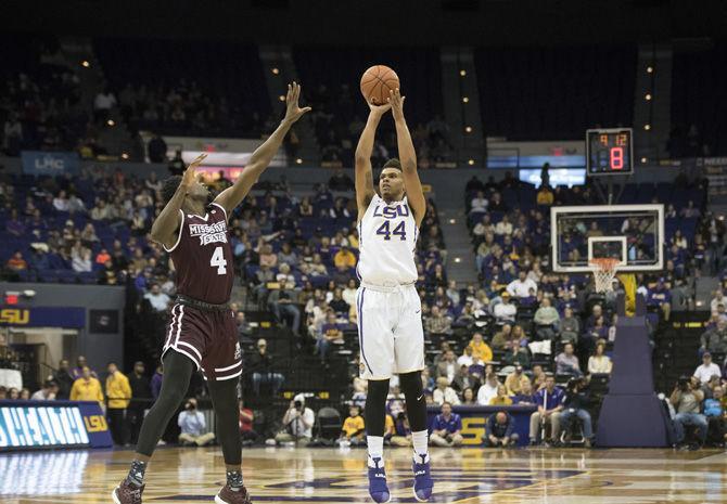 LSU freshman forward Wayde Sims (44) shoots a three-point attempt during the Tigers' 95-78 loss to Mississippi State on Saturday, Jan. 07, 2017 in the Pete Maravich Assembly Center.