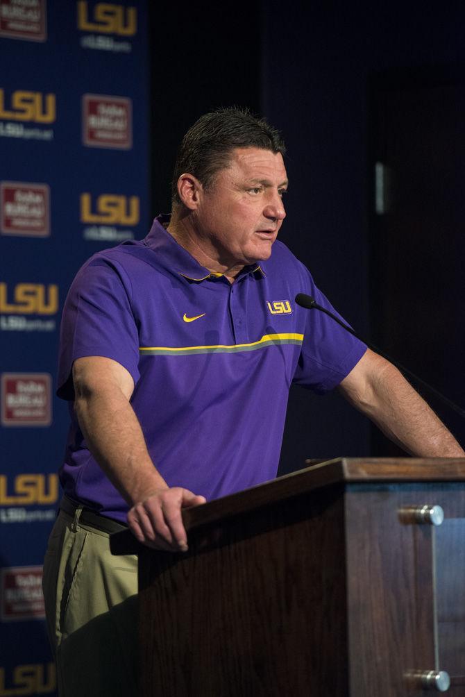 LSU interim head football coach Ed Orgeron speaks to the media during the weekly press conference on Monday Nov. 21, 2016, in the Moran Family Center for Athletic Administration building on LSU campus.