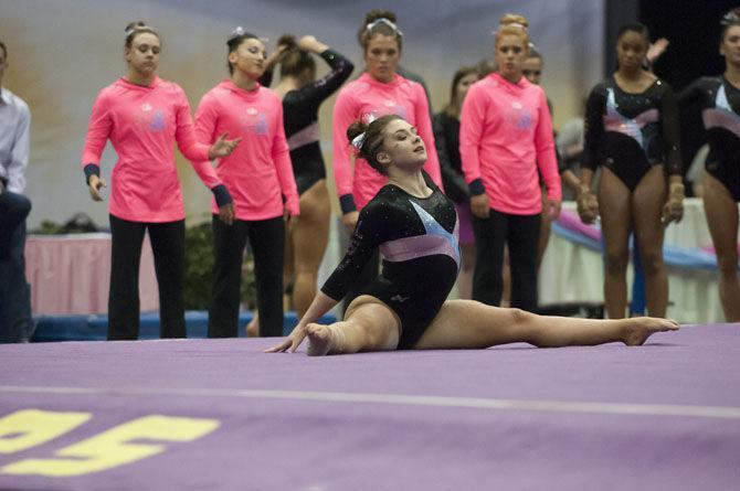 LSU all-around freshman gymnast Ruby Harrold performs her floor routine during the Tigers' 197.475-192.625 victory over Texas Women's University on Friday, Jan. 20, 2017, in the Pete Maravich Assembly Center.