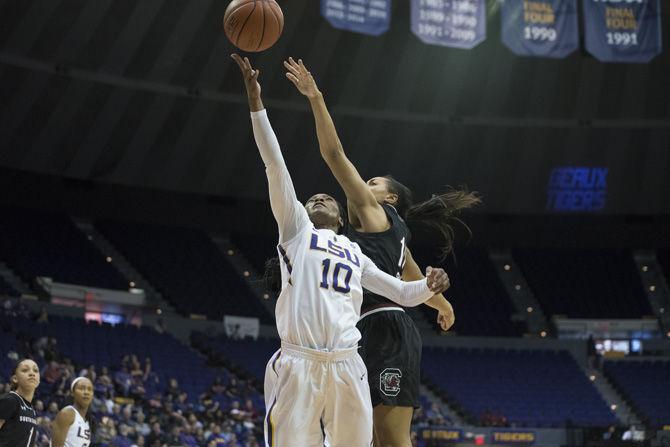 LSU senior guard Jasmine Rhodes (10) shoots a layup during the Tigers' 84-61 loss to the University of South Carolina on Sunday, Jan. 15, 2017 in the Pete Maravich Assembly Center.