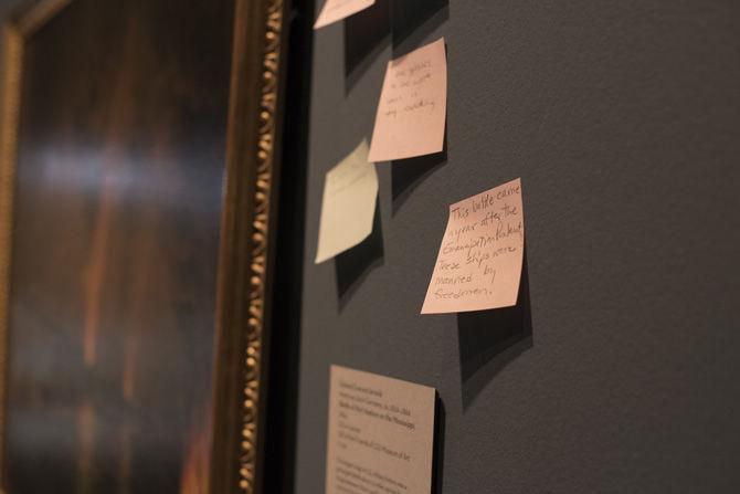 A sticky note states, "This battle came a year after the Emancipation Proclamation. These ships were manned by freedmen," on Sunday, Jan. 29 in the LSU Museum of Art.