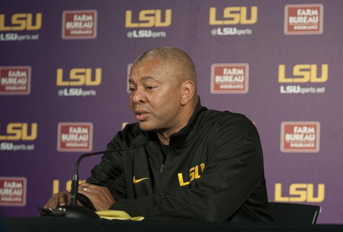 LSU Men's Basketball Head Coach Johnny Jones talks about his team on October 12, 2016 in the University Basketball Practice Facility.