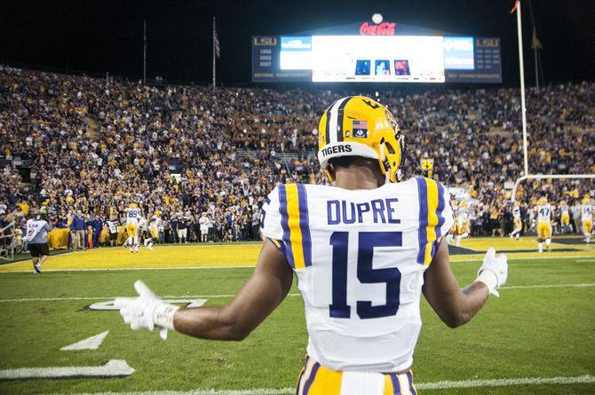 LSU sophomore wide receiver Malachi Dupre (15) walks towards the student section during the Tigers' 19-7 victory against Texas A&amp;M University on Saturday, Nov. 28, 2015 in Tiger Stadium.