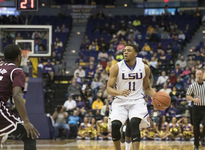 LSU junior guard Jalyn Patterson (11) prepares to pass the ball during the Tigers' 95-78 loss to Mississippi State on Saturday, Jan. 07, 2017 in the Pete Maravich Assembly Center.