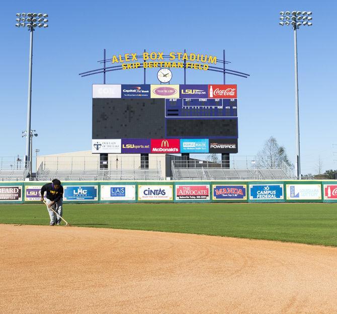 The LSU Baseball field crew works on the field before the upcoming season on Monday, Jan. 23, 2017 at Alex Box Stadium.