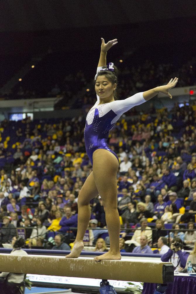 LSU junior gymnast Lauren Li poses during the Tigers 197.825-193.600 victory over the Georgia Bulldogs on Friday, Jan. 6, 2017 in the Pete Maravich Assembly Center.