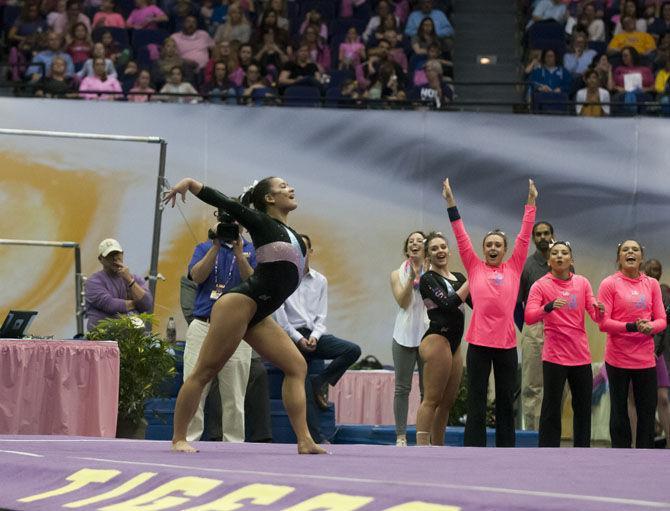 LSU all-around senior gymnast Shae Zamardi finishes a tumbling pass during her floor routine during the Tigers' 197.475-192.625 victory over Texas Women's University on Friday, Jan. 20, 2017, in the Pete Maravich Assembly Center.