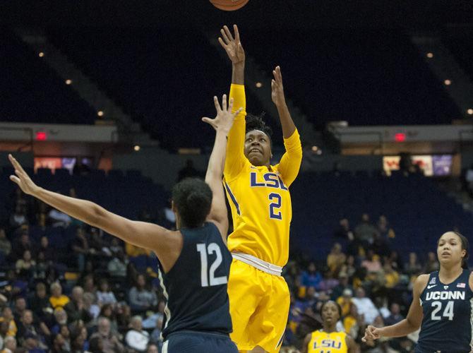 LSU sophomore guard Shanice Norton (2) shoots a jump shot during the Tigers' 76-53 loss to the UConn Huskies on Sunday, Nov. 20, 2016 in the Pete Maravich Assembly Center.