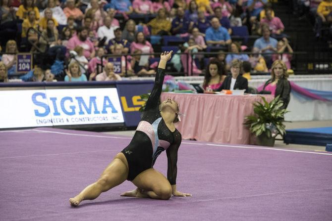 LSU all-around sophomore gymnast McKenna Kelley performs her floor routine during the Tigers' 197.475 - 192.625 win over Texas Woman's University on Friday, Jan. 20, 2017 in the Pete Maravich Assembly Center.