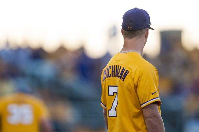 LSU sophomore infielder Greg Deichmann (7) awaits the pitch during the LSU vs Mississippi State baseball game on Saturday April 23, 2016.