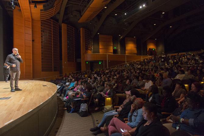 Senior Justice Writer for the New York Daily News, Shaun King, speaks during the Dr. Martin Luther King Jr. Commemorative Celebration Week at the LSU Student Union Theater on Tuesday, Jan. 17, 2017.