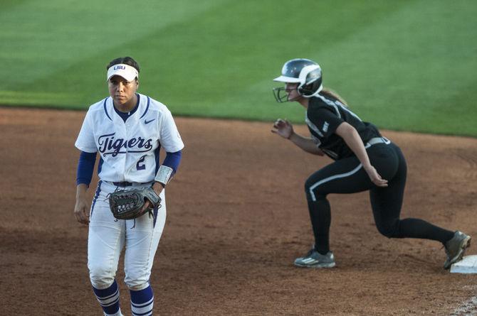 LSU junior infielder Sahvanna Jaquish (2) defends first during the Tigers' 10-2 victory against LIU Brooklyn on Friday, May 20, 2016 in Tiger Park.