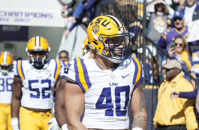 LSU senior linebacker Duke Riley (40) takes the field before the Tigers' 16-10 loss against the University of Florida on Saturday, Nov. 19, 2016 at Tiger Stadium.