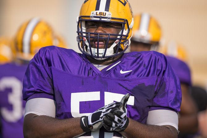 LSU sophomore nose tackel Travonte Valentine (55) after finishing a drill during an outdoor practice on Tuesday Sept. 27, 2016, on the LSU footbal practice fields at the LSU Football Practice and Training Facilities.