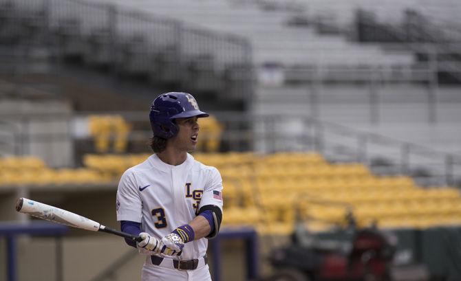 LSU senior infielder Kramer Robertson (3) waits outside the batters' box on Friday, Jan. 29, 2017, at Alex Box Stadium.