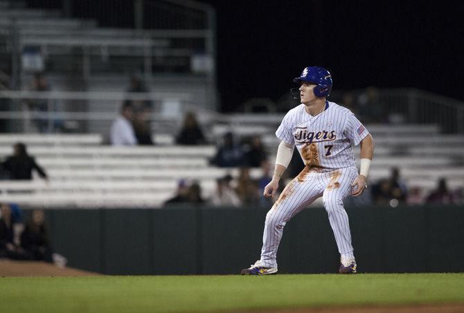 LSU junior infielder Greg Deichmann (7) attempts to steal a base during the Tigers' 8-1 victory against Hofstra on Wednesday, Feb. 22, 2017, at Alex Box Stadium.