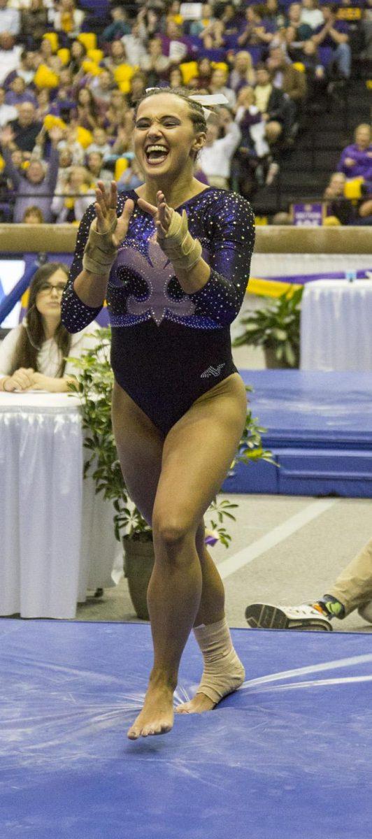 LSU senior Ashleigh Gnat celebrates during the Tigers 197.425-195.425 win over Missouri on Friday, Feb. 3, 2017, in the Pete Maravich Assembly Center.