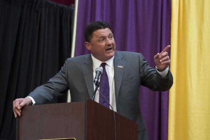 LSU head coach Ed Orgeron addresses the crowd at Belle of Baton Rouge Casino &amp; Hotel on Feb. 1, 2017.