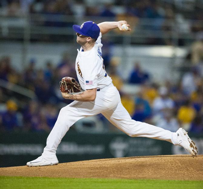 LSU junior right-handed pitcher Alex Lange (35) throws the ball on Friday, Feb. 24, 2017, during the Tigers 6-1 victory over Maryland at Alex Box Stadium.