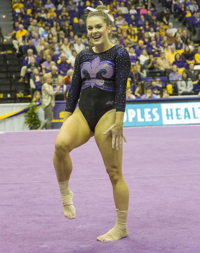 LSU senior Sydney Ewing performs her floor routine during the Tigers 197.425-195.425 win over Missouri on Friday, Feb. 3, 2017, in the Pete Maravich Assembly Center.