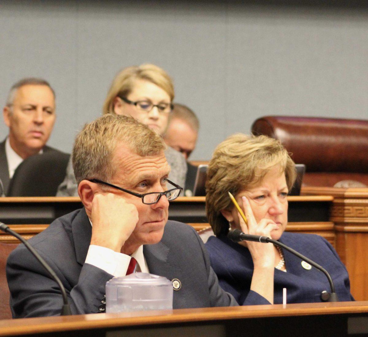 Sen. Mike Walsworth, R-West Monroe, and Sen. Sharon Hewitt, R-Slidell, listen glumly to the news of another deficit in the next fiscal year during the Joint Legislative Committee of the Budget Thursday.&#160;