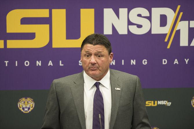 LSU head coach Ed Orgeron discusses the Tigers' recruiting class from National Signing Day 2017 on Wednesday, Feb. 1, 2017 at the Football Operations Center.