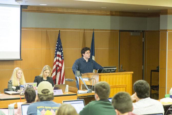 LSU SG senator Jordan Landry speaks about Pres. Trump&#8217;s executive ban on Wednesday, Feb. 15, 2017 in the Capital Chambers located in the LSU Student Union.