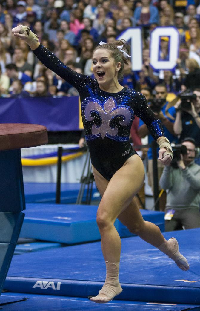 LSU senior Sydney Ewing celebrates during the Tigers 197.425-195.425 win over Missouri on Friday, Feb. 3, 2017, in the Pete Maravich Assembly Center.