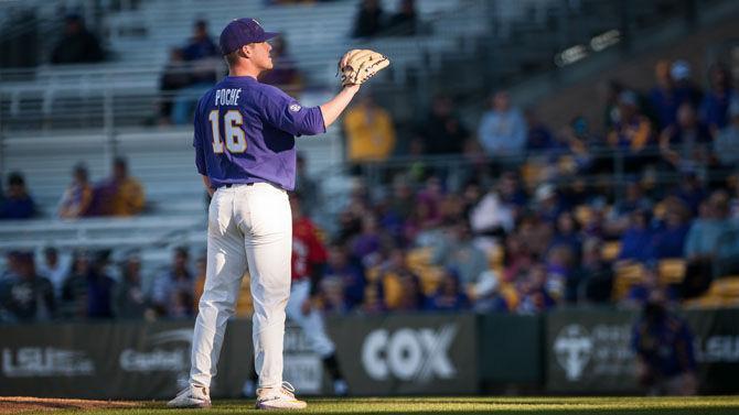 LSU senior left-handed pitcher Jared Poche&#8217; (16) prepares to catch the ball on Saturday, Feb. 25, 2017, during the Tigers&#8217; 14-0 win against Maryland at Alex Box Stadium.