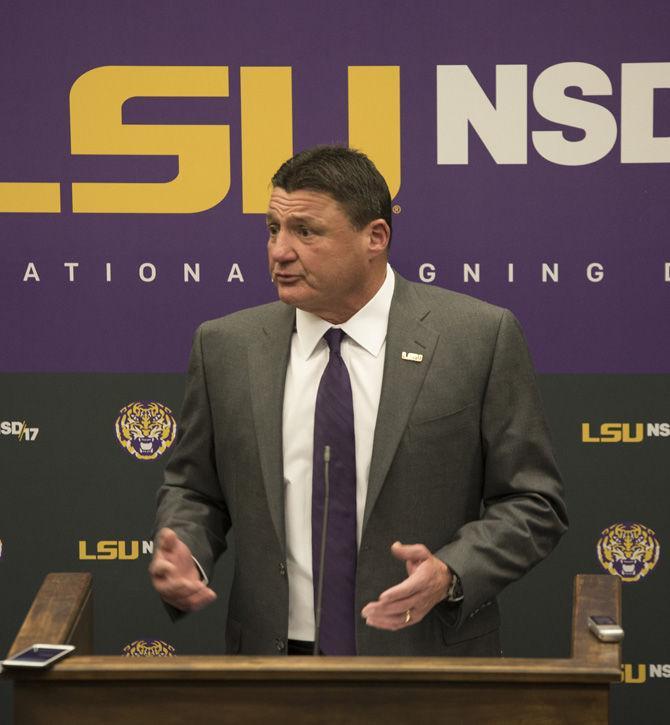 LSU head coach Ed Orgeron discusses the Tigers' recruiting class from National Signing Day 2017 on Wednesday, Feb. 1, 2017 at the Football Operations Center.