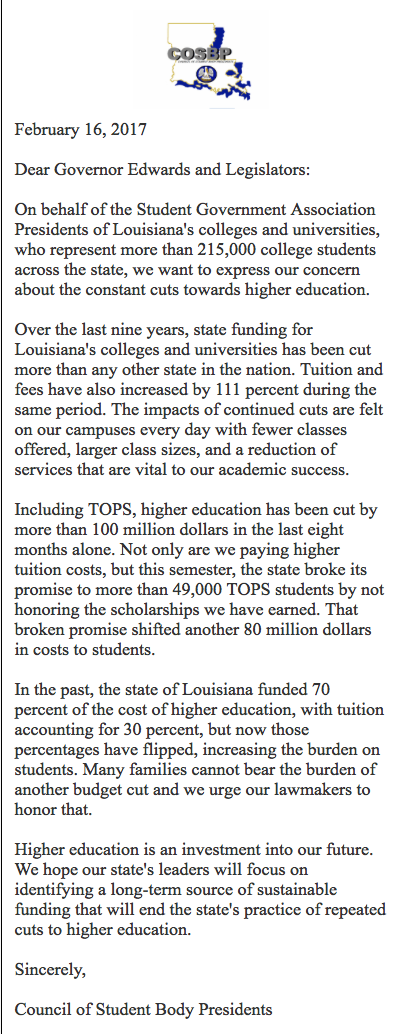 Council of Student Body Presidents issues letter to governor and Legislature