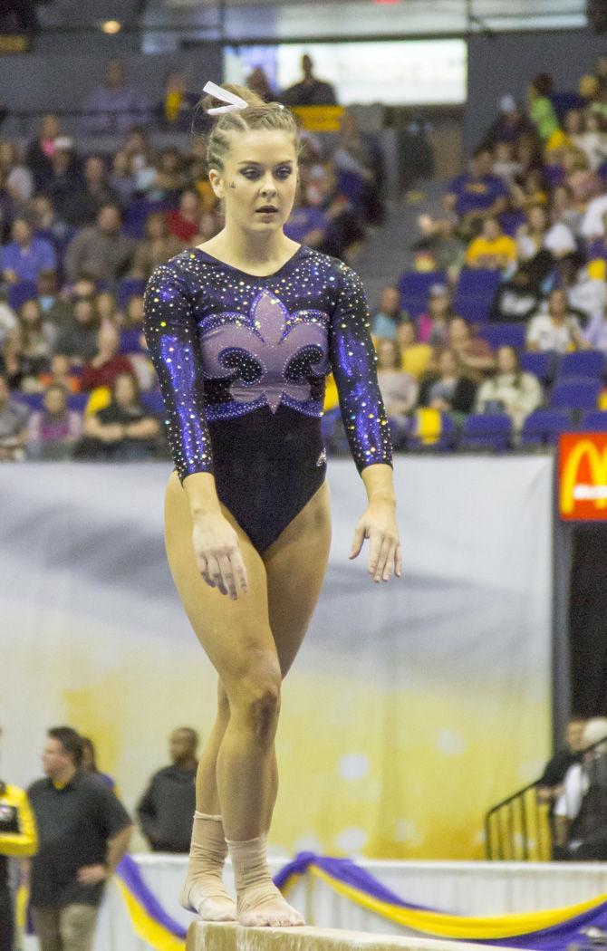 LSU senior Sydney Ewing performs her beam routine during the Tigers 197.425-195.425 win over Missouri on Friday, Feb. 3, 2017, in the Pete Maravich Assembly Center.