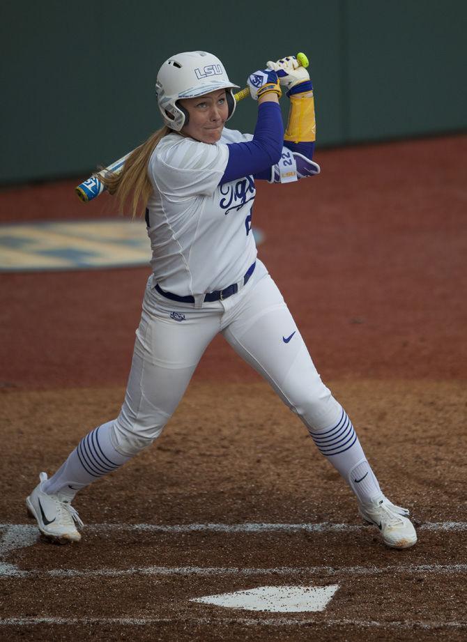 LSU freshman infielder Amanda Doyle (22) hits the ball during the Tigers&#8217; 14-2 victory over OSU on Friday, Feb. 10, 2017, in Tiger Park.