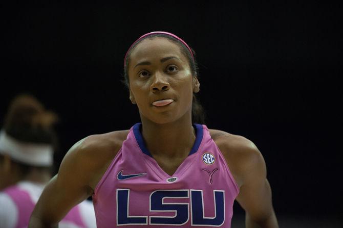 LSU sophomore guard Chloe Jackson (0) breaks during a pause in play during the Lady Tigers' 67-63 victory over Texas A&amp;M on Thursday, Feb. 16, 2017 in the PMAC.