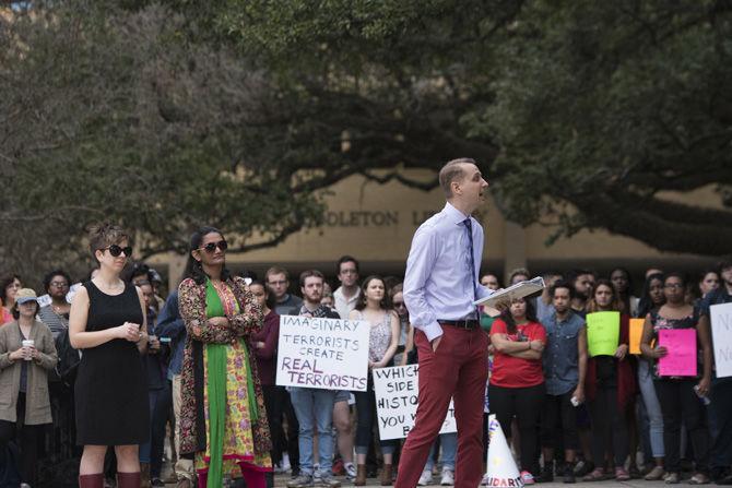 LSU assistant professor Brendan Karch reads a faculty petition against President Donald Trump's immigration executive order on Feb. 1, 2017 in the Quad.