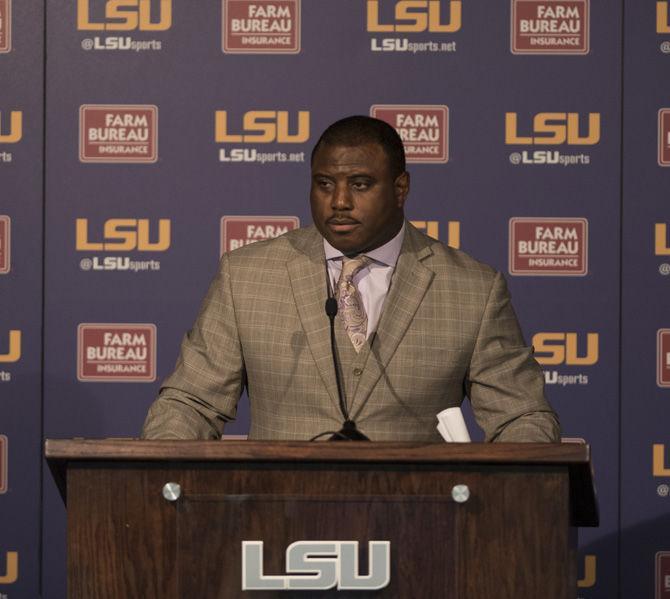 LSU assistant head coach and recruiting coordinator Tommie Robinson addresses the media on Thursday, Feb. 9, 2017 in the Athletic Administration Building.