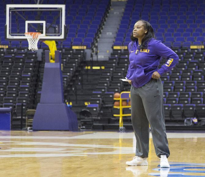 LSU women&#8217;s basketball assistant coach Tasha Butts looks on during practice on Wednesday, Feb. 15, 2017 in the PMAC.