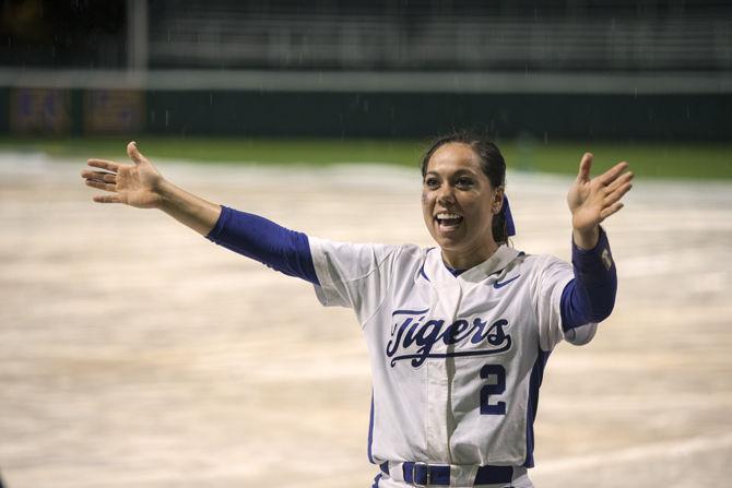 LSU junior infielder/catcher Sahvanna Jaquish softball dances during the game against Northwestern State after it gets rain delayed on Wednesday, Apr. 20, 2016 in Tiger Park.