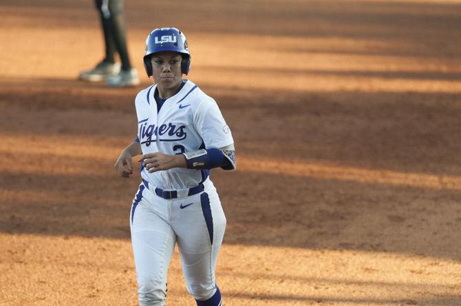 LSU junior infielder Sahvanna Jaquish (2) runs back to the dugout during the Tigers' 10-2 victory against LIU Brooklyn on Friday, May 20, 2016 in Tiger Park.