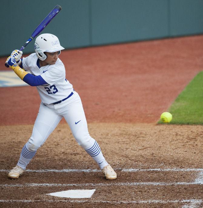 LSU sophomore infielder Shemiah Sanchez (23) prepares to hit the ball during the Tigers&#8217; 14-2 victory over OSU on Friday, Feb. 10, 2017, in Tiger Park.